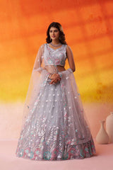 Grey Net Fabric Sequins Thread and Embroidery Semi Stitched Lehenga and Unstitched Blouse With Dupatta
