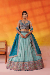 Turquoise Blue Jacquard Tissue Fabric Sequins Thread and Embroidery Semi Stitched Lehenga and Unstitched Blouse With Dupatta