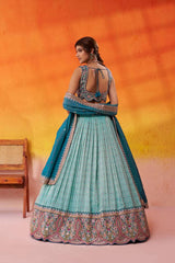 Turquoise Blue Jacquard Tissue Fabric Sequins Thread and Embroidery Semi Stitched Lehenga and Unstitched Blouse With Dupatta