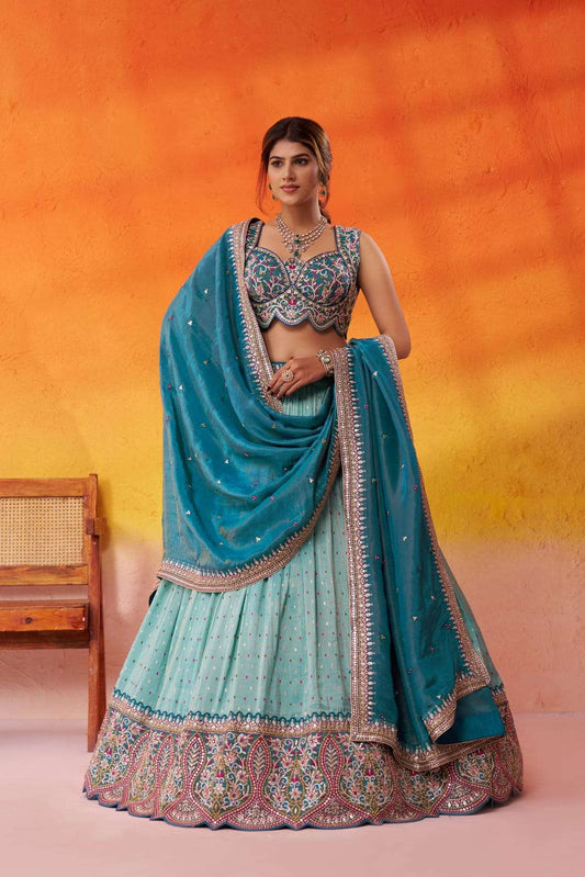 Turquoise Blue Jacquard Tissue Fabric Sequins Thread and Embroidery Semi Stitched Lehenga and Unstitched Blouse With Dupatta