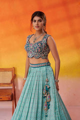 Turquoise Blue Jacquard Tissue Fabric Sequins Thread and Embroidery Semi Stitched Lehenga and Unstitched Blouse With Dupatta