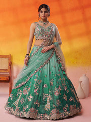 Green Tissue Fabric Sequins embroidery Semi Stitched Lehenga and Unstitched Blouse With Dupatta