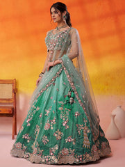 Green Tissue Fabric Sequins embroidery Semi Stitched Lehenga and Unstitched Blouse With Dupatta