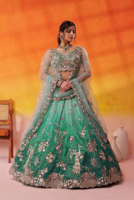 Green Tissue Fabric Sequins embroidery Semi Stitched Lehenga and Unstitched Blouse With Dupatta