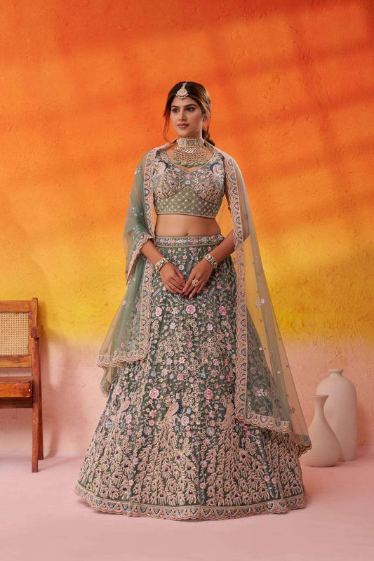 LIMEGREEN Net Fabric Sequins embroidery Semi Stitched Lehenga and Unstitched Blouse With Dupatta