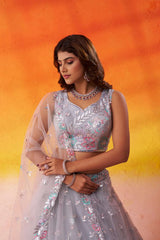 Grey Net Fabric Sequins Thread and Embroidery Semi Stitched Lehenga and Unstitched Blouse With Dupatta