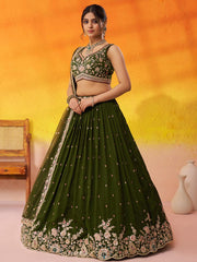 Olive Georgette Fabric Sequins Thread and Embroidery Semi Stitched Lehenga and Unstitched Blouse With Dupatta