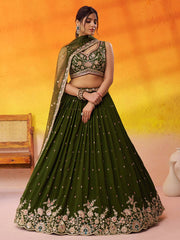 Olive Georgette Fabric Sequins Thread and Embroidery Semi Stitched Lehenga and Unstitched Blouse With Dupatta