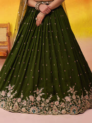 Olive Georgette Fabric Sequins Thread and Embroidery Semi Stitched Lehenga and Unstitched Blouse With Dupatta