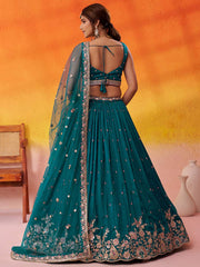 Teal Georgette Fabric Sequins Thread and Embroidery Semi Stitched Lehenga and Unstitched Blouse With Dupatta