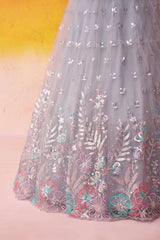 Grey Net Fabric Sequins Thread and Embroidery Semi Stitched Lehenga and Unstitched Blouse With Dupatta