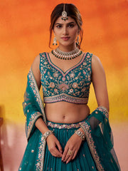 Teal Georgette Fabric Sequins Thread and Embroidery Semi Stitched Lehenga and Unstitched Blouse With Dupatta