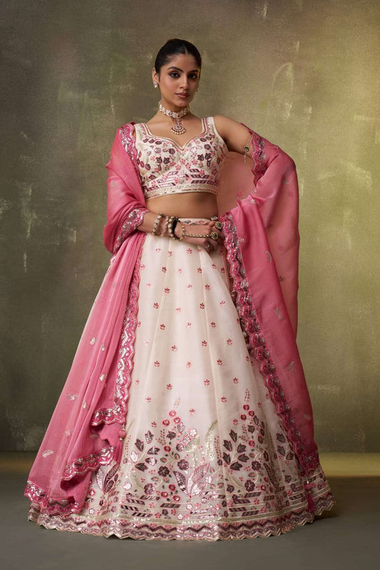 Cream Organza Fabric Sequins Thread and Embroidery Semi Stitched Lehenga and Unstitched Blouse With Dupatta