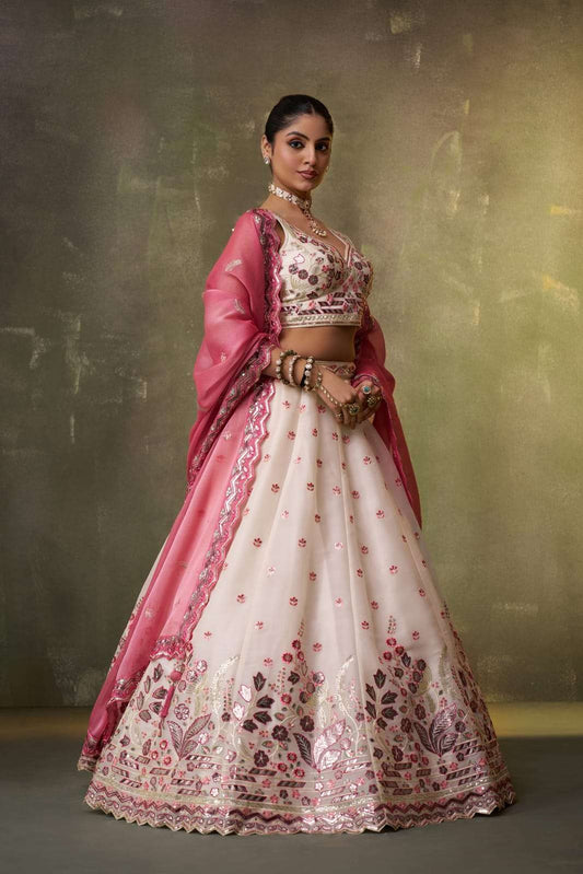 Cream Organza Fabric Sequins Thread and Embroidery Semi Stitched Lehenga and Unstitched Blouse With Dupatta