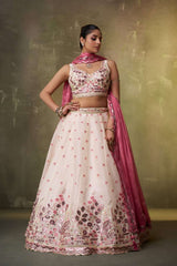 Cream Organza Fabric Sequins Thread and Embroidery Semi Stitched Lehenga and Unstitched Blouse With Dupatta