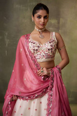 Cream Organza Fabric Sequins Thread and Embroidery Semi Stitched Lehenga and Unstitched Blouse With Dupatta