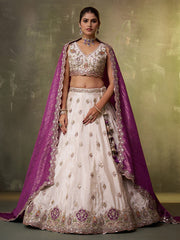 Beige Tissue Fabric Sequins Thread and Embroidery Semi Stitched Lehenga and Unstitched Blouse With Dupatta