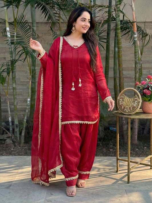 Red Fendi Satin Salwar Suit