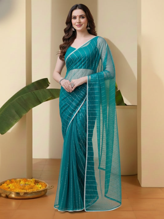 Woven Design Sequinned Net Heavy Work Saree