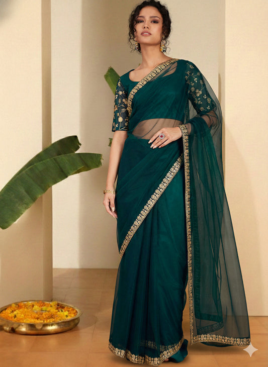 Floral Embroidered Net Heavy Work Saree