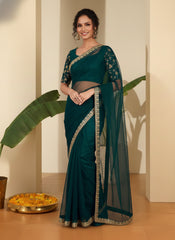 Floral Embroidered Net Heavy Work Saree