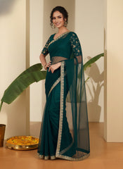 Floral Embroidered Net Heavy Work Saree