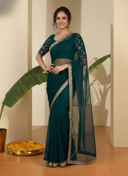 Floral Embroidered Net Heavy Work Saree