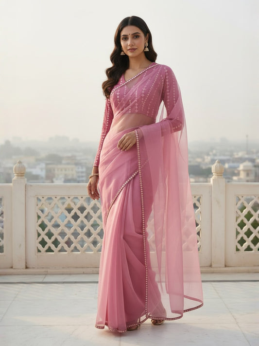 Embellished Mirror Work Organza Saree