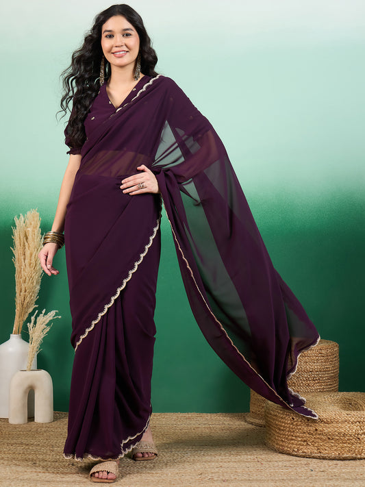 Purple Embroidered Border Saree With Blouse Piece