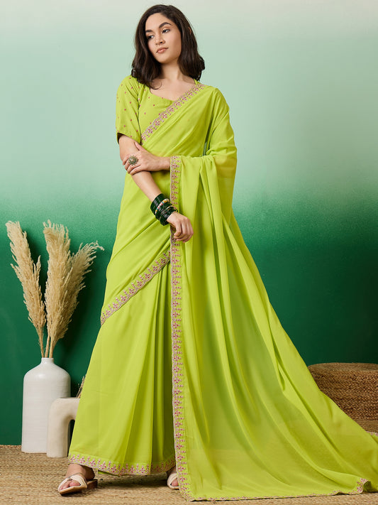 Solid Embroidered Border Saree With Blouse Piece