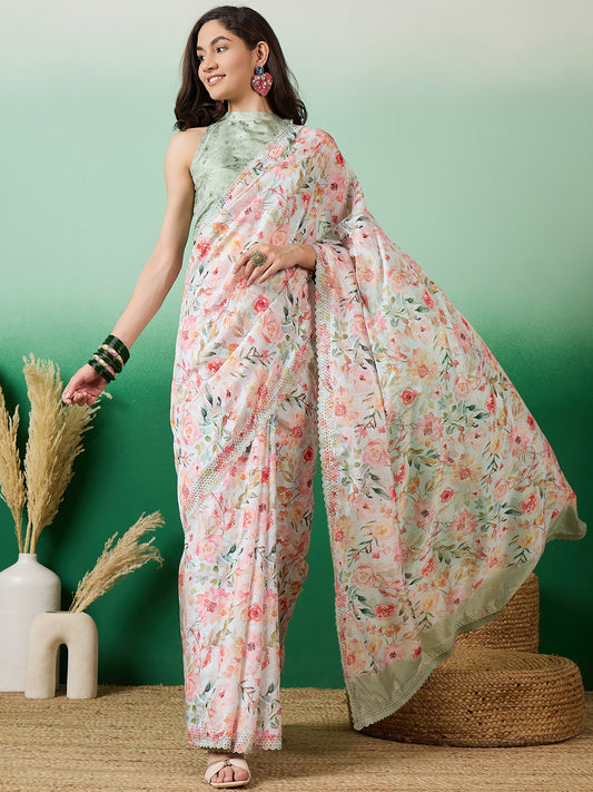 Floral Printed & Embellish Beads and Stones Saree