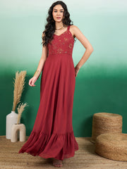 Women Floral Thread and Sequinned Embroidered Maxi Ethnic Dress