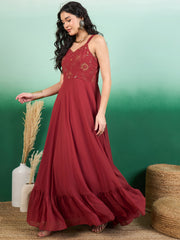 Women Floral Thread and Sequinned Embroidered Maxi Ethnic Dress