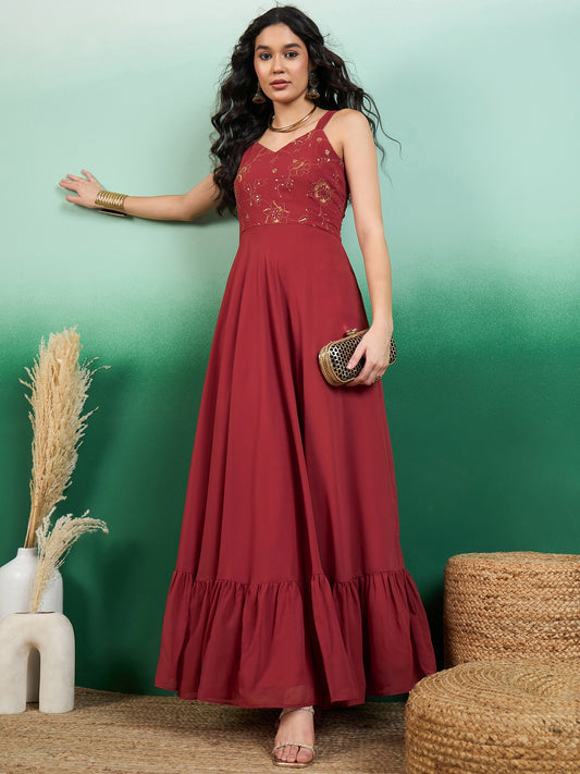 Women Floral Thread and Sequinned Embroidered Maxi Ethnic Dress