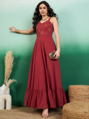 Women Floral Thread and Sequinned Embroidered Maxi Ethnic Dress
