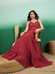 Women Floral Thread and Sequinned Embroidered Maxi Ethnic Dress