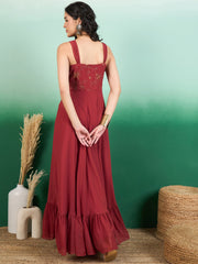 Women Floral Thread and Sequinned Embroidered Maxi Ethnic Dress