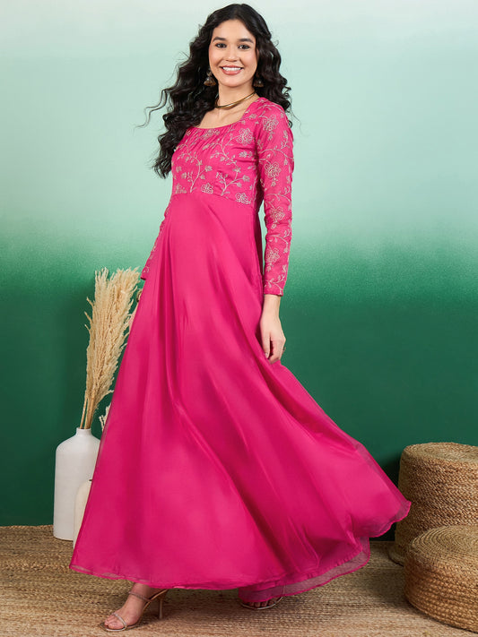 Women Floral Zari Embroidered Maxi Ethnic Dress