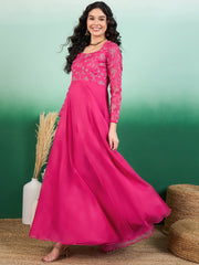 Women Floral Zari Embroidered Maxi Ethnic Dress