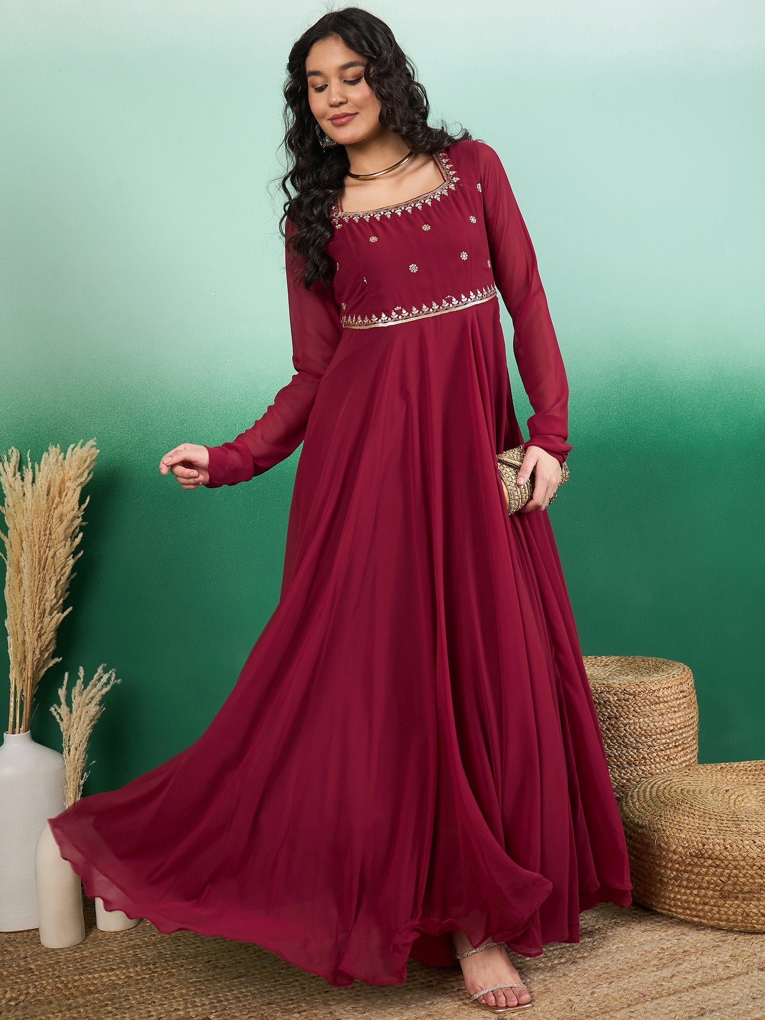 Women Embroidered Flared Maxi Ethnic Dresses Inddus