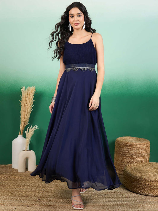 Shoulder Straps A-Line Maxi Dress With Belt