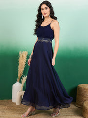Women Pleated A-Line Belted Ethnic Dress