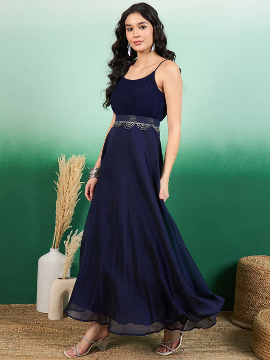 Shoulder Straps A-Line Maxi Dress With Belt