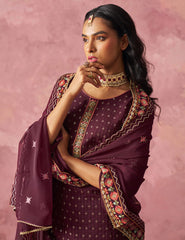 Wine Straight Embroidered Kurta Set