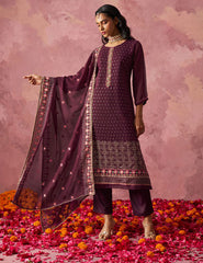 Wine Straight Embroidered Kurta Set