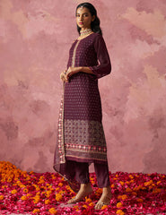 Wine Straight Embroidered Kurta Set