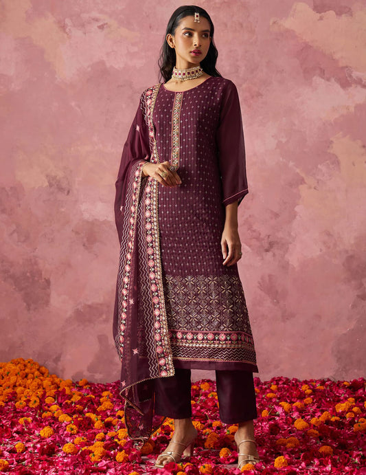Wine Straight Embroidered Kurta Set