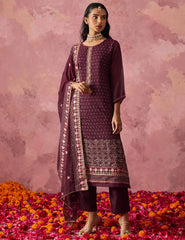 Wine Straight Embroidered Kurta Set