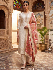 Cream Dola Silk With Jacquard Straight Kurta Set