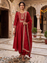 Rust Silk A-Line Kurta Set With Dupatta